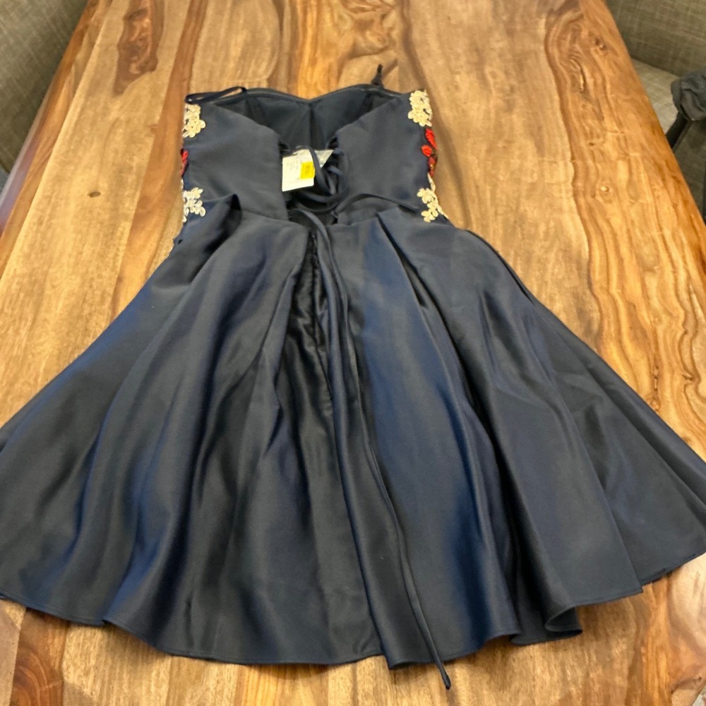 Blondie Nites Navy Strapless Embroidered Satin Dress Corset Back Short - Picture 16 of 16